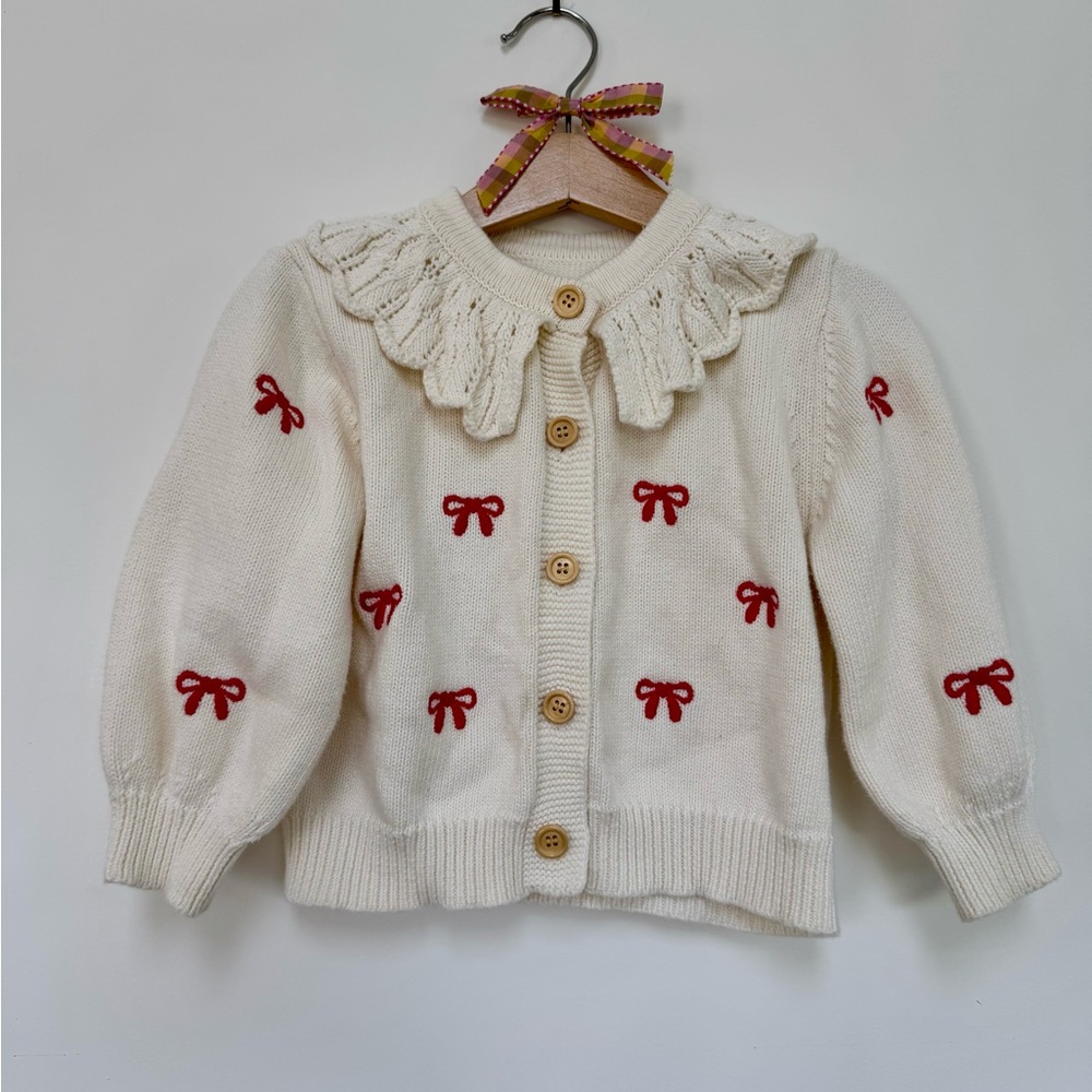 Cream Cardigan with Red Bows